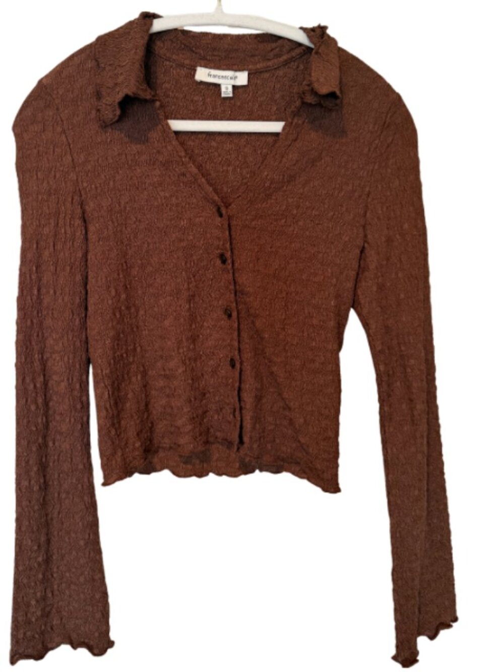 Francesca’s brown textured button-up long sleeve top